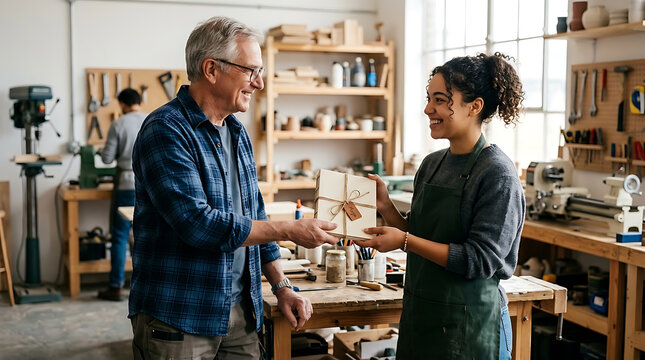 Skilled artisan presents a handmade gift to a smiling customer in a woodworking workshop