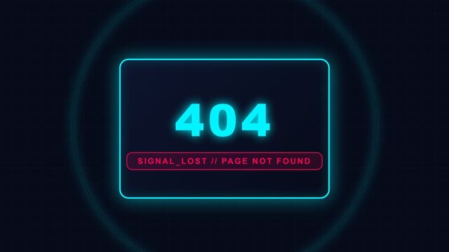 Digital 404 Error Message Display with Neon Glitch Aesthetic For Website Connection Failure Notifications and Technical Interface Design Elements