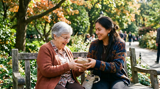 Young woman gives a gift to an elderly woman while sitting on a park bench in autumn