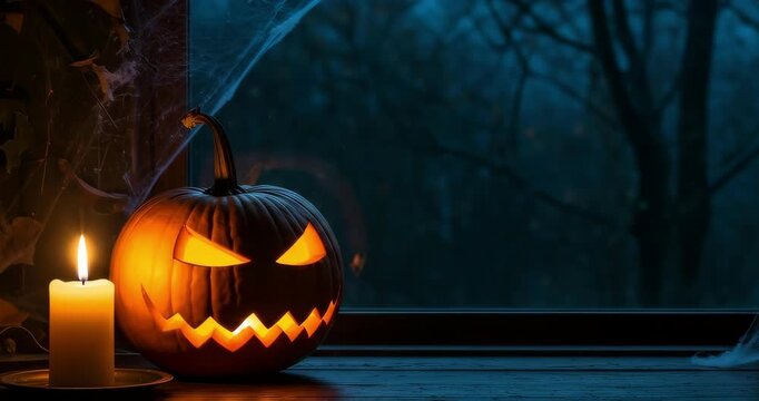 Jack-o-lantern pumpkin glowing by a window, cinematic slow motion footage, spooky Halloween night atmosphere with a lit candle and spiderwebs on a dark background