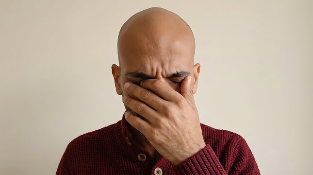 Man covering his face with his hand expresses sadness and exhaustion against a plain studio background.