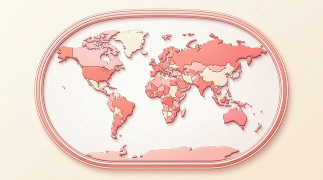 Stylized world map with countries in shades of pink and cream within an oval frame