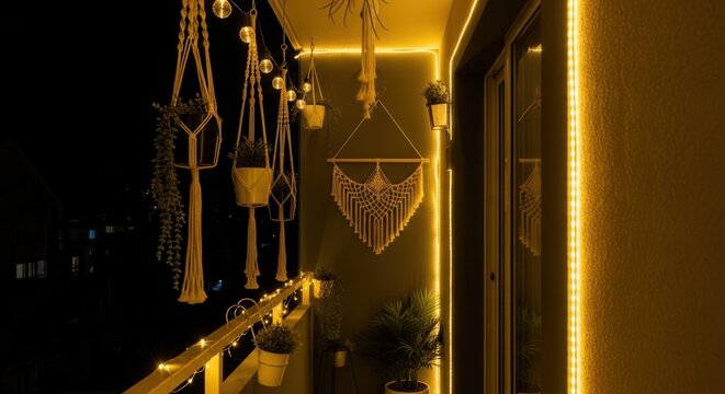 Cozy Balcony Ambiance Illuminated by Warm String Lights And Macrame Decor
