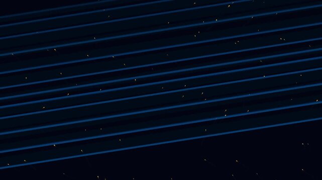 Abstract background featuring glowing golden sparks moving across dark blue parallel lines in cinematic motion graphic loop for digital technology presentations.