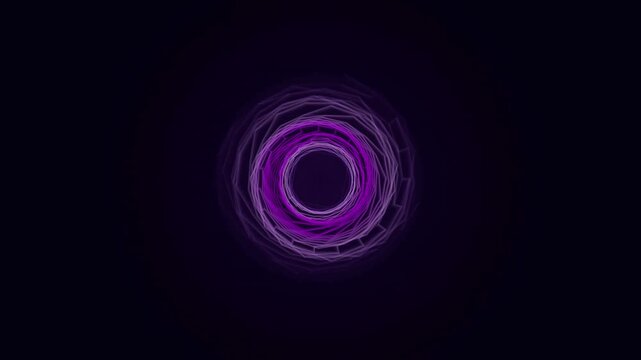 Purple neon abstract geometric tunnel rotation background motion graphic for digital video projects visual art featuring glowing concentric circles dark aesthetic.