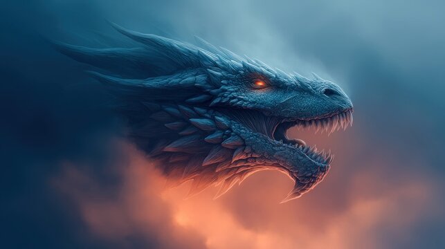 Fierce blue dragon with glowing eyes emerges from fiery clouds, a mythical creature of legend