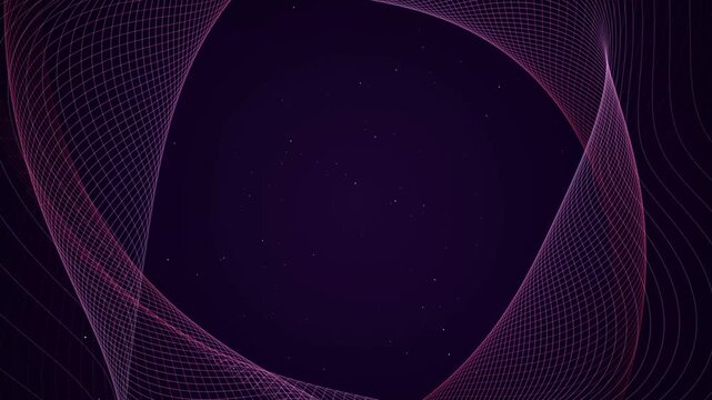 Abstract purple wireframe mesh waves moving in dark cosmic space with floating particles creating elegant tech border for futuristic presentation and cinematic.
