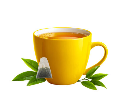 Yellow cup of hot tea with pyramid teabag and fresh green tea leaves isolated on white background, ceramic mug filled with herbal green tea for healthy morning beverage concept mockup