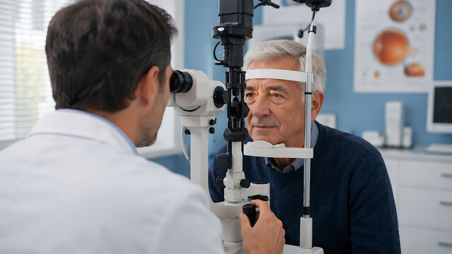 optometrist examining senior male patient eyes with biomicroscope slit lamp machine in modern eye clinic during medical vision checkup consultation