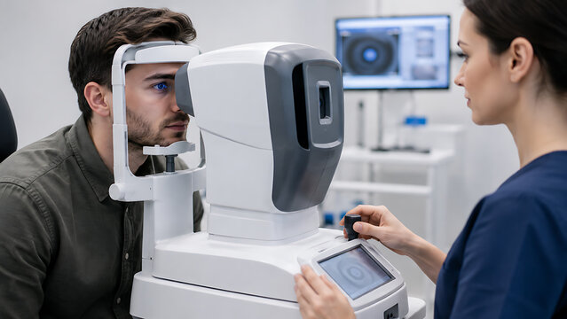 female optometrist performing vision test on young male patient using modern digital autorefractor machine in medical ophthalmology clinic