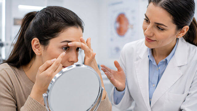 female optometrist helping young woman patient apply contact lens looking in mirror during medical eye care appointment at optometry clinic