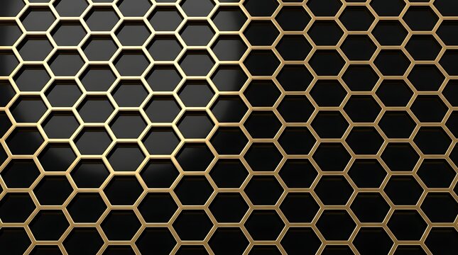 Geometric pattern of golden hexagonal honeycomb grid structure layered over a solid dark black matte background surface