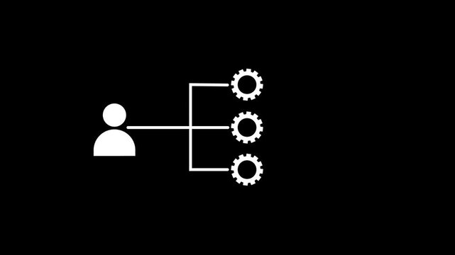 Risk management process line icon with blinking alert and warning symbols, featuring a rotating gear.