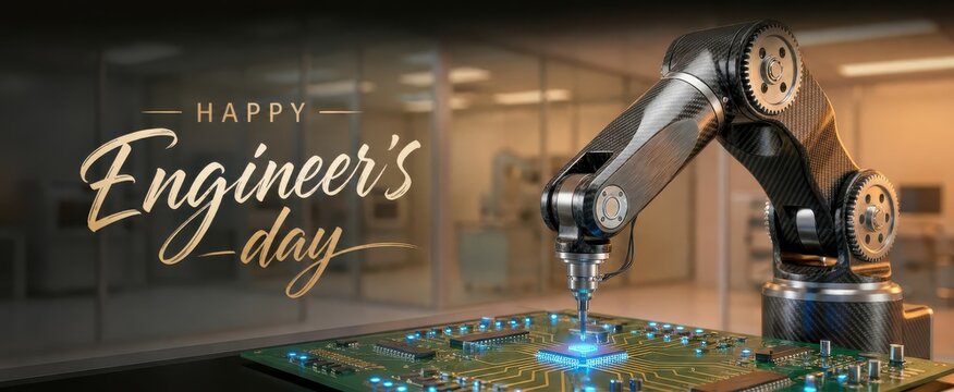 Robotic Automation Technology. Robotic arm assembling a circuit board in a laboratory for Engineer's Day, high-tech industrial manufacturing concept.