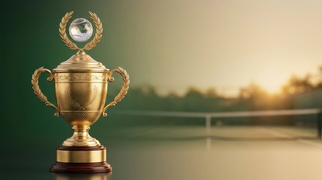 Championship Victory. Gold tennis trophy with crystal ball topper, standing on a court at sunset, symbolizing professional sports achievement and tournament success.