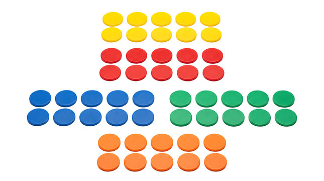 Colorful plastic counting tokens for education. Primary color math manipulatives on white. Round game pieces for school learning.