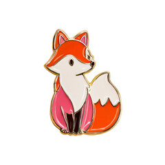 Naklejka premium Cute cartoon fox enamel pin with vibrant orange, pink, and white colors, featuring shiny golden outlines, presented as a charming collectible item.