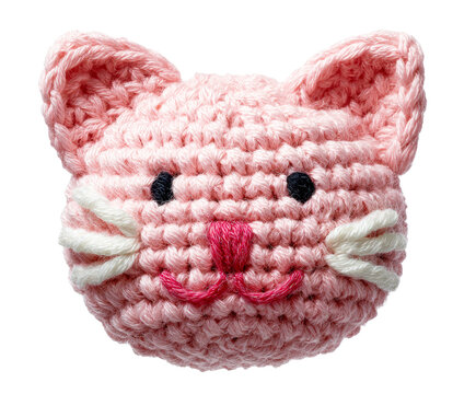 Pink crocheted cat head with adorable embroidered facial features, showcasing its soft, intricate yarn texture and handmade charm.
