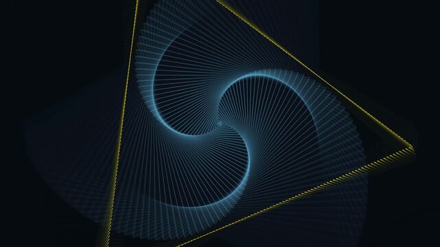 Abstract geometric triangle animation with rotating blue lines and glowing yellow borders creating hypnotic vortex effect on dark background digital motion graphic.