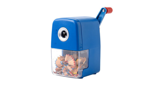 Blue mechanical pencil sharpener with shavings, manual desktop sharpener for school and office, plastic stationery tool on white background