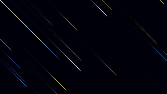 Abstract digital motion background featuring yellow blue and white neon speed lines flowing diagonally across black screen for technology and data visuals clip.