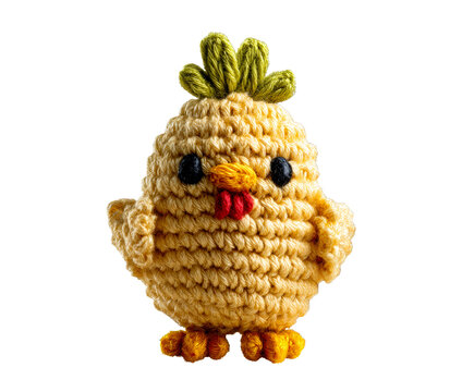 Crocheted yellow baby chick toy with green comb and red wattle, an adorable handmade amigurumi craft featuring intricate yarn details and a cute expression.