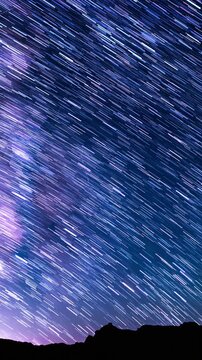 Vertical Shot Star Trails of Milky Way Galaxy in West Sky Above Red Rock Canyon Astrophotography Time Lapse in California USA