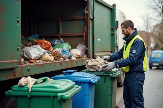 Garbage removal worker in uniform collecting and loading trash from bins onto truck