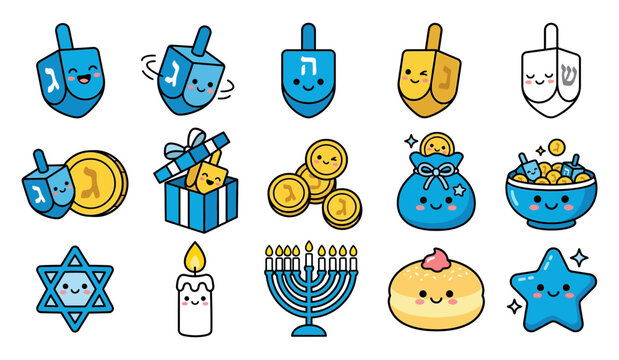 A festive collection of cute Hanukkah-themed vector illustrations featuring adorable dreidels, gold coins, a menorah, sufganiyot, and stars, all designed in a charming kawaii art style.