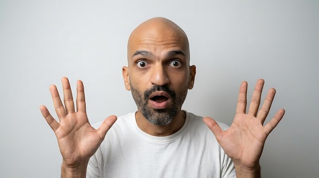 Man displaying surprise with open palms against a studio backdrop.