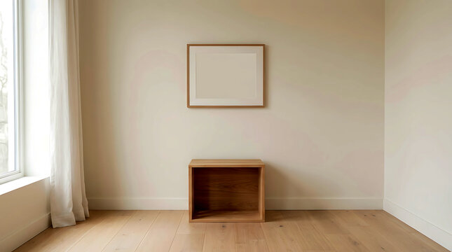 Empty picture frame on a beige wall above a small wooden side table in a bright room.
