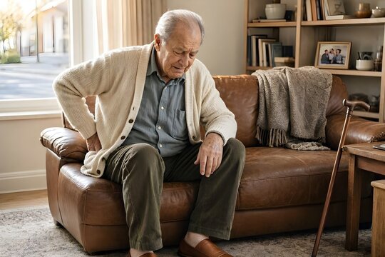 Signore anziano a difficolt&agrave; ad alzarsi per il mal di schiena e vertebre