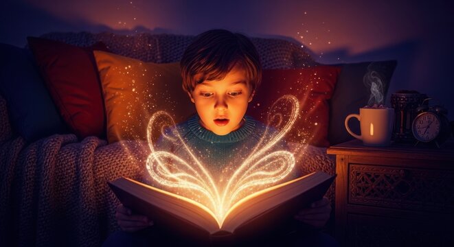 Child Enraptured by Magical Book Illumination
