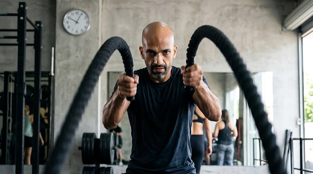 Man exercises using heavy battle ropes during a high intensity gym workout.