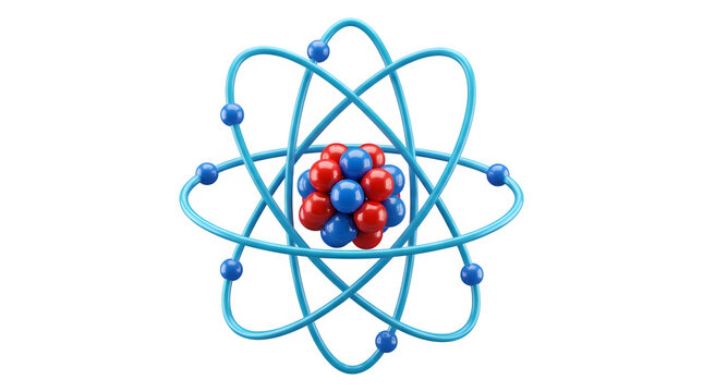 3d illustration of an atom with a nucleus of protons and neutrons surrounded by orbiting electrons isolated on transparent background