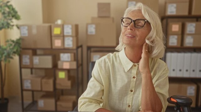 Woman touching neck beside stacked cardboard boxes and barcode scanner in a building, smiling and looking upward; small business calm.