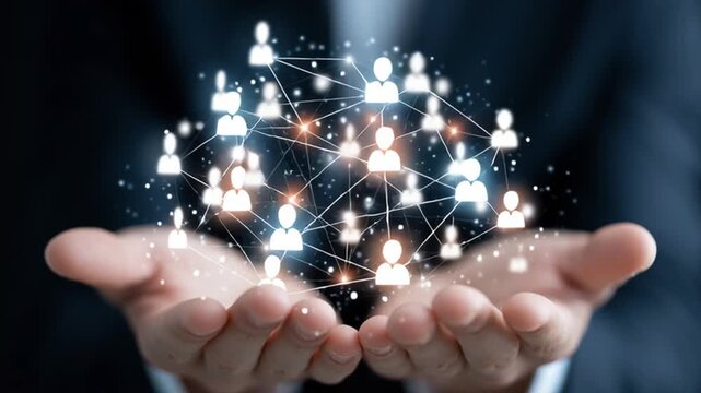 Lit People Network Forms Above Open Work Hands / 開いた手の上に光る人材人材網が生まれる