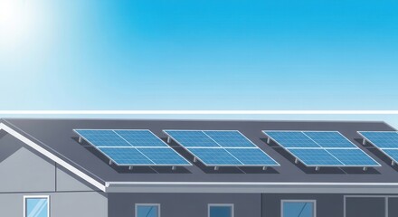 Fototapeta premium Clean Energy Solar Panels On A House Roof Under A Bright Blue Sky