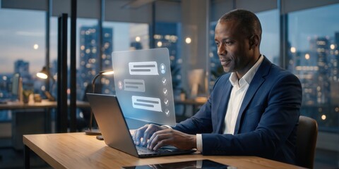Obraz premium Business executive working late on laptop with artificial intelligence assistant interface in modern office - AI productivity, digital workplace and smart business technology