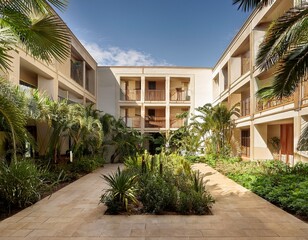 Fototapeta premium tropical courtyard garden with elegant building facade