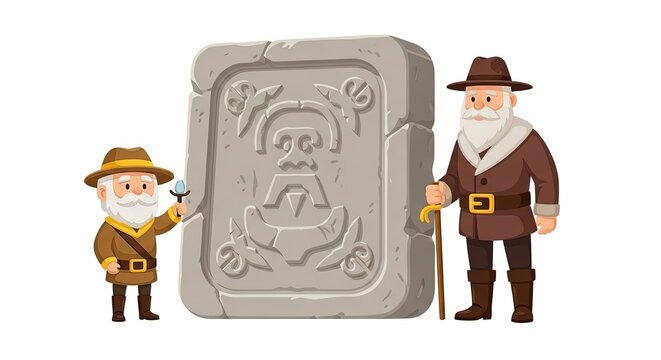 Cartoon explorers discovering ancient stone tablet with mysterious carvings