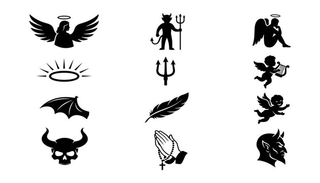 Set of angel and devil icons, including wings, halo, trident, skull, feather and praying hands, vector illustration