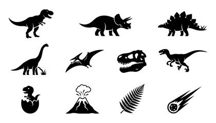 Set of dinosaur silhouettes, prehistoric animals, volcano, egg, fern and meteor icons © Mahfujahmmed