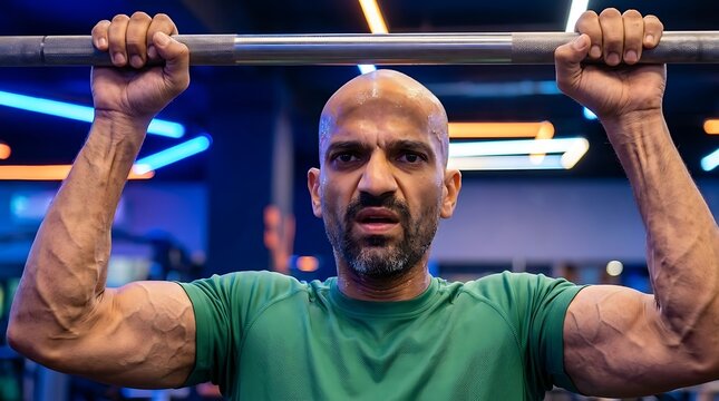 Man performs an intense workout holding a metal bar in an indoor gym.