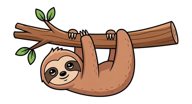 Cute Cartoon Sloth Hanging on Tree Branch, Adorable Wildlife Illustration