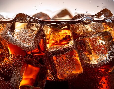 cola with ice close up of the ice cubes in cola water texture of carbonate drink with bubbles in glass cola soda and ice splashing fizzing or floating up to top of surface cold drink background