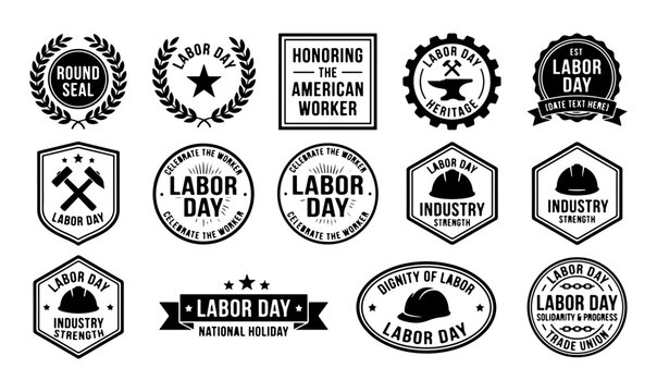 Labor day themed badge and emblem collection featuring industrial tools and worker equipment silhouettes