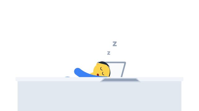 Animated character sleeping at a desk and waking up suddenly.