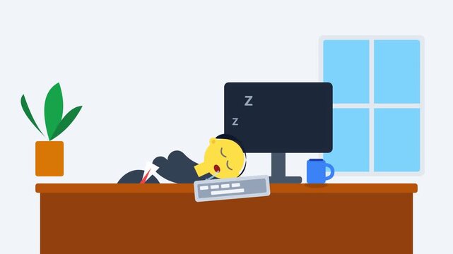 Tired businessman sleeping at his desk and waking up surprised