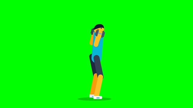 Flat design animation of a man doing dumbbell thrusters on a green screen.